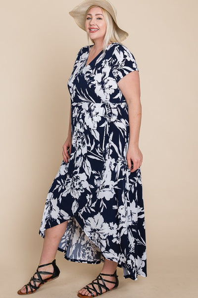 Plus Size Floral Faux Wrap Hi-Low Maxi Dress