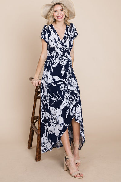 Floral Faux Wrap Hi-Low Maxi Dress