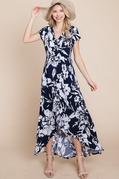Floral Faux Wrap Hi-Low Maxi Dress
