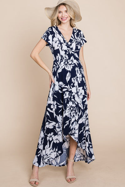 Floral Faux Wrap Hi-Low Maxi Dress