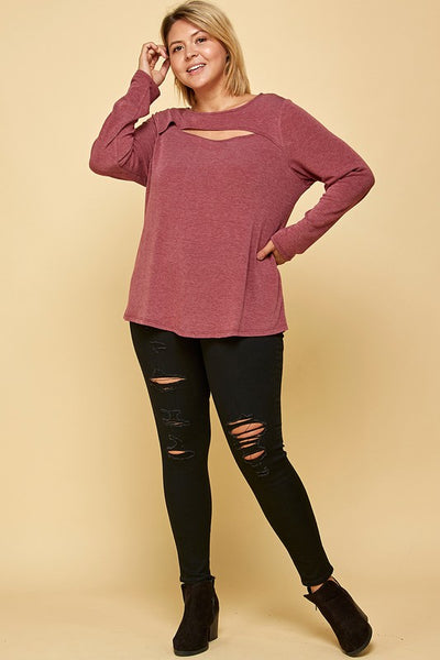 Plus Size Solid Cut Out Long Sleeve Top