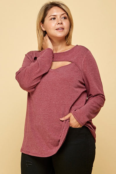 Plus Size Solid Cut Out Long Sleeve Top
