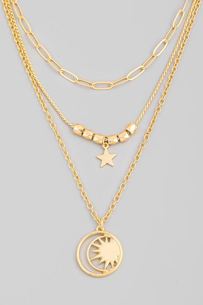 Circle Moon Sun Pendant Layered Necklace