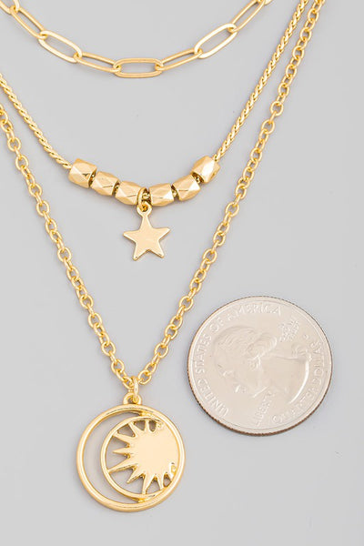 Circle Moon Sun Pendant Layered Necklace
