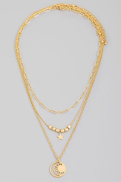 Circle Moon Sun Pendant Layered Necklace