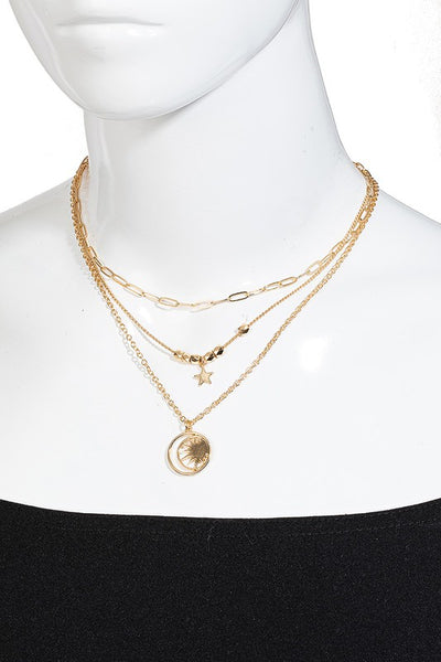 Circle Moon Sun Pendant Layered Necklace