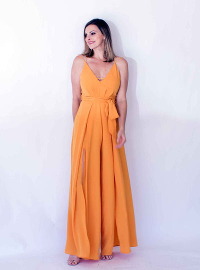 yellow jumpsuit with slits