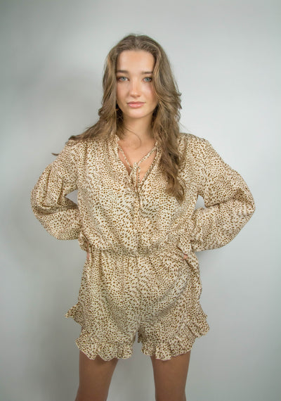 PRINTED V NECK RUFFLE TRIM WOVEN ROMPER