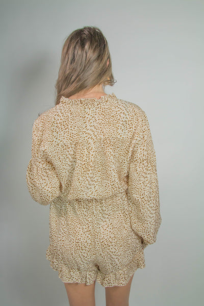 PRINTED V NECK RUFFLE TRIM WOVEN ROMPER