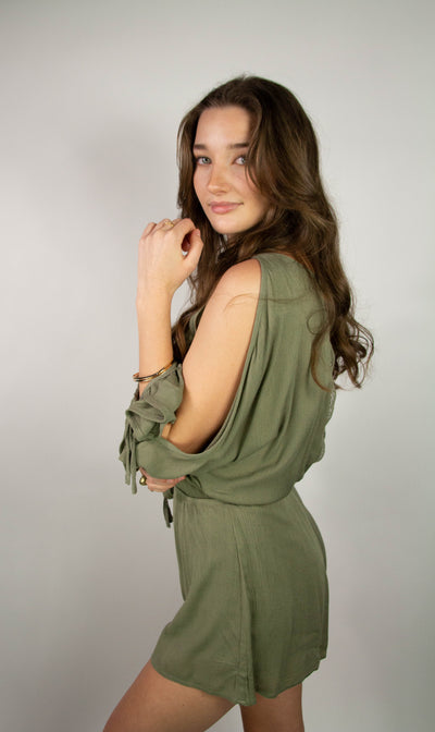 COLD SHOULDER SURPLICE NECK LONG SLEEVE ROMPER