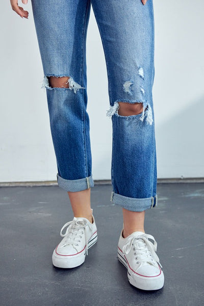 High Rise Hem Detail Straight Jean