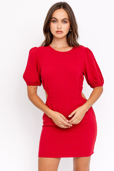 BALLOON SLEEVE WAIST CUTOUT MINI DRESS