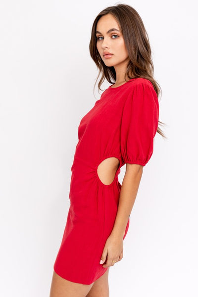 BALLOON SLEEVE WAIST CUTOUT MINI DRESS