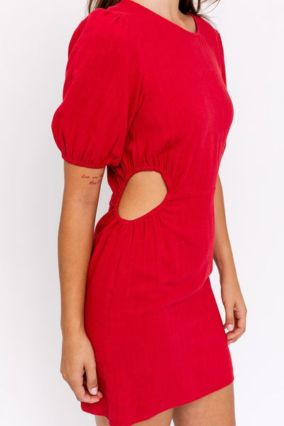 BALLOON SLEEVE WAIST CUTOUT MINI DRESS