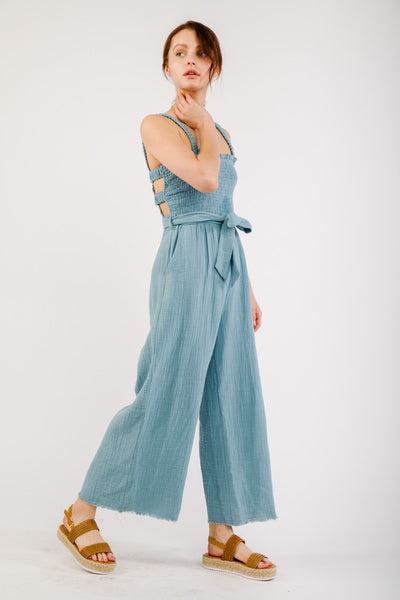 Soft Cotton Smocked Detail Wide Leg Jumpsuit
