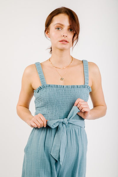 Soft Cotton Smocked Detail Wide Leg Jumpsuit