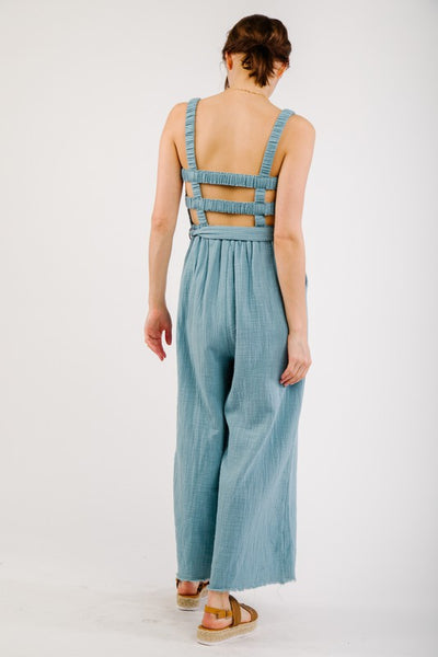 Soft Cotton Smocked Detail Wide Leg Jumpsuit