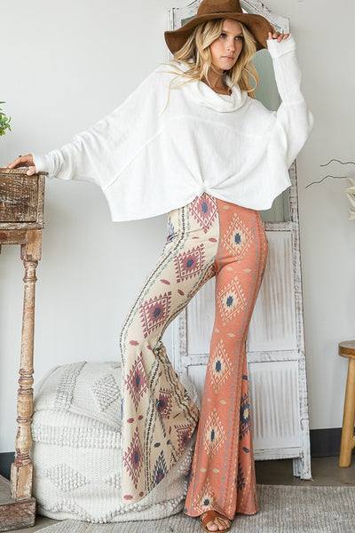 Aztec Print Contrast Detail Flare Pants