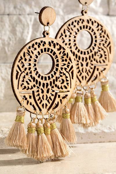 Fine Thread Tassel With Wood Earrings