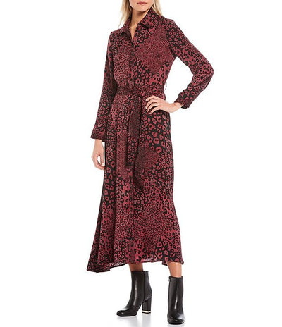 Leopard Print Long Sleeve Maxi Shirt Dress