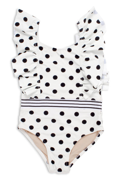 POLKA DOT RUFFLE SHOULDER ONE PIECE SWIMSUIT