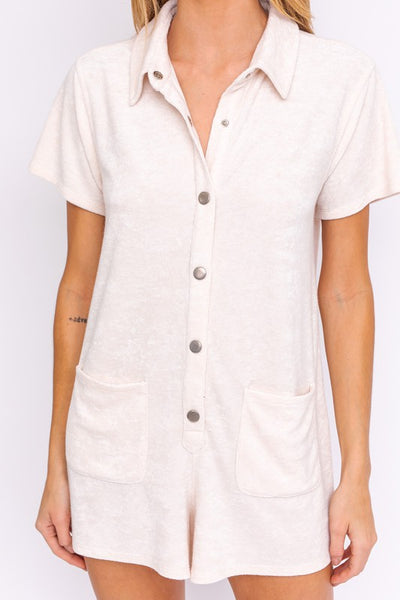 Terry short sleeve button up romper