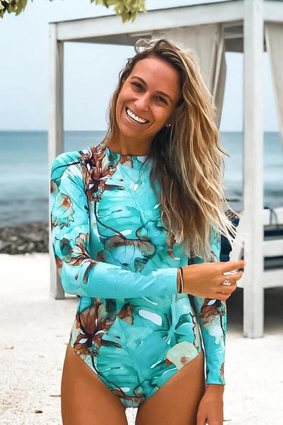 Green Palm Print Long Sleeve Back Zip Rash Guard