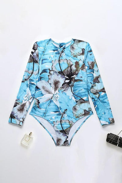 Green Palm Print Long Sleeve Back Zip Rash Guard