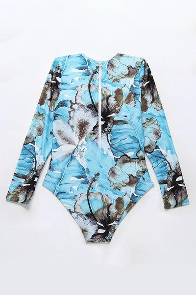 Green Palm Print Long Sleeve Back Zip Rash Guard