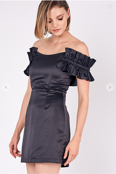 OFF SHOULDER SATIN BODYCON DRESS