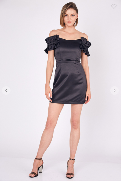OFF SHOULDER SATIN BODYCON DRESS
