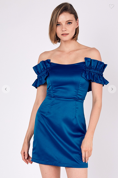 OFF SHOULDER SATIN BODYCON DRESS