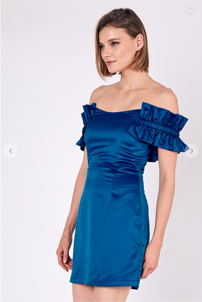 OFF SHOULDER SATIN BODYCON DRESS