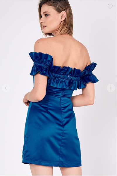 OFF SHOULDER SATIN BODYCON DRESS