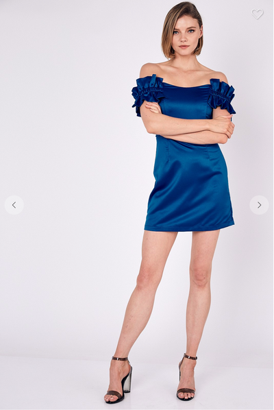 OFF SHOULDER SATIN BODYCON DRESS