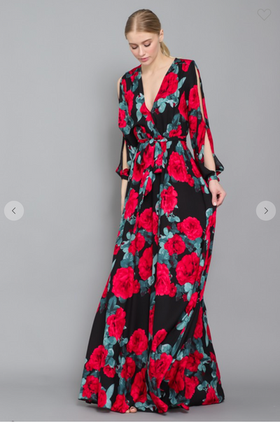 Split Long Sleeves Waist Tie Floral Maxi Wrap Dress
