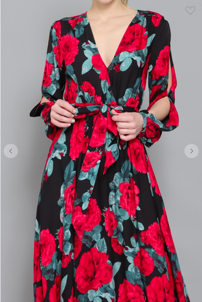 Split Long Sleeves Waist Tie Floral Maxi Wrap Dress