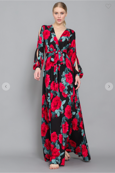 Split Long Sleeves Waist Tie Floral Maxi Wrap Dress