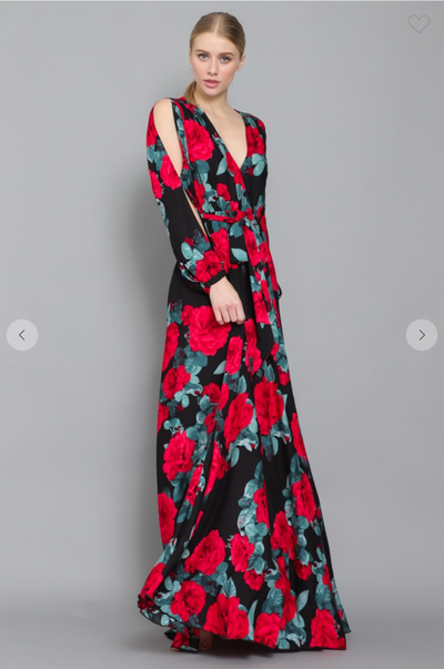 Split Long Sleeves Waist Tie Floral Maxi Wrap Dress