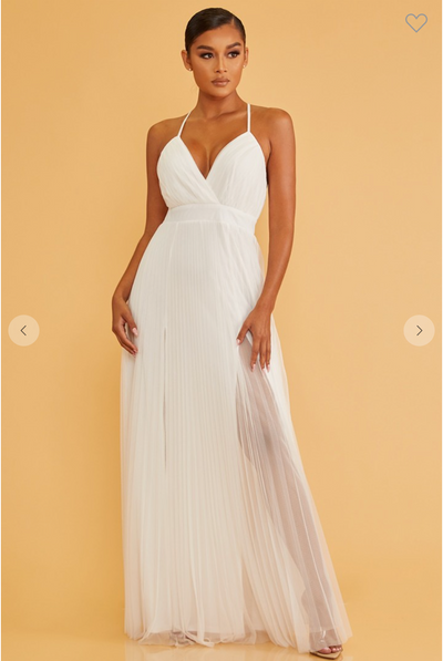 PLEATED MESH MAXI DRESS W/ TIE
