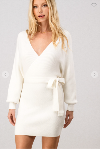 Faux Wrap Sweater Dress w/Belt