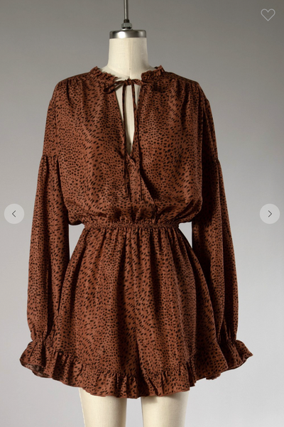 PRINTED V NECK RUFFLE TRIM WOVEN ROMPER