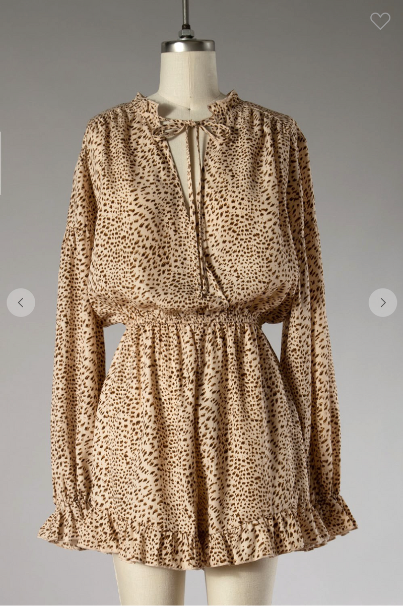 PRINTED V NECK RUFFLE TRIM WOVEN ROMPER