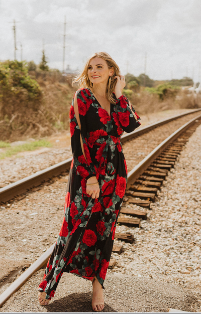 Split Long Sleeves Waist Tie Floral Maxi Wrap Dress