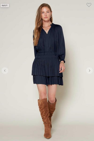 THREE QUARTER SLV PLEATED MINI DRESS