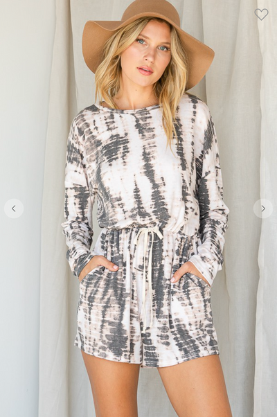 TIE-DYE WAIST TIE POCKET ROMPER WITH BACK KEYHOLE