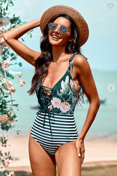 Green Floral and Striped Lace-up Swimwear