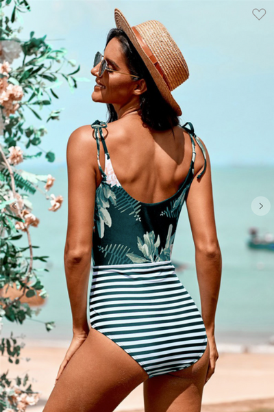Green Floral and Striped Lace-up Swimwear