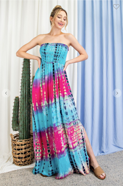 TIE DYE STRAPLESS SMOCKED MAXI DRESS