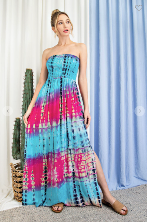 TIE DYE STRAPLESS SMOCKED MAXI DRESS